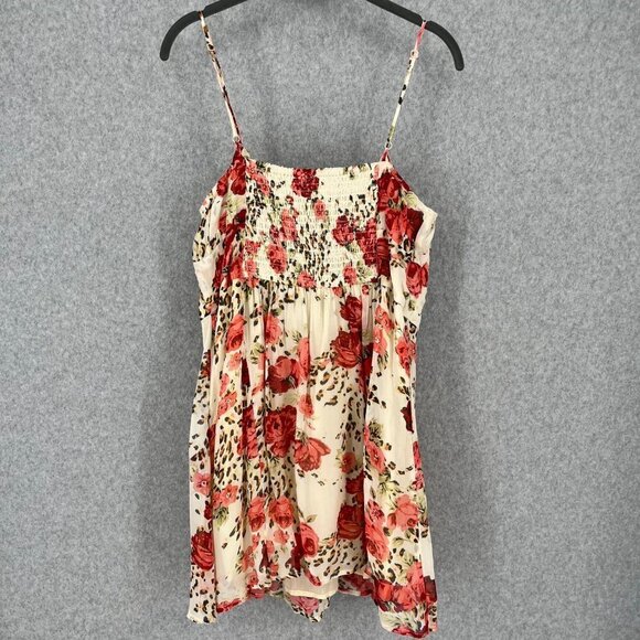 Urban Outfitters Women Kamaryn Mini Dress Size L Floral Red Cream Ruched Y2K NEW - Picture 2 of 14